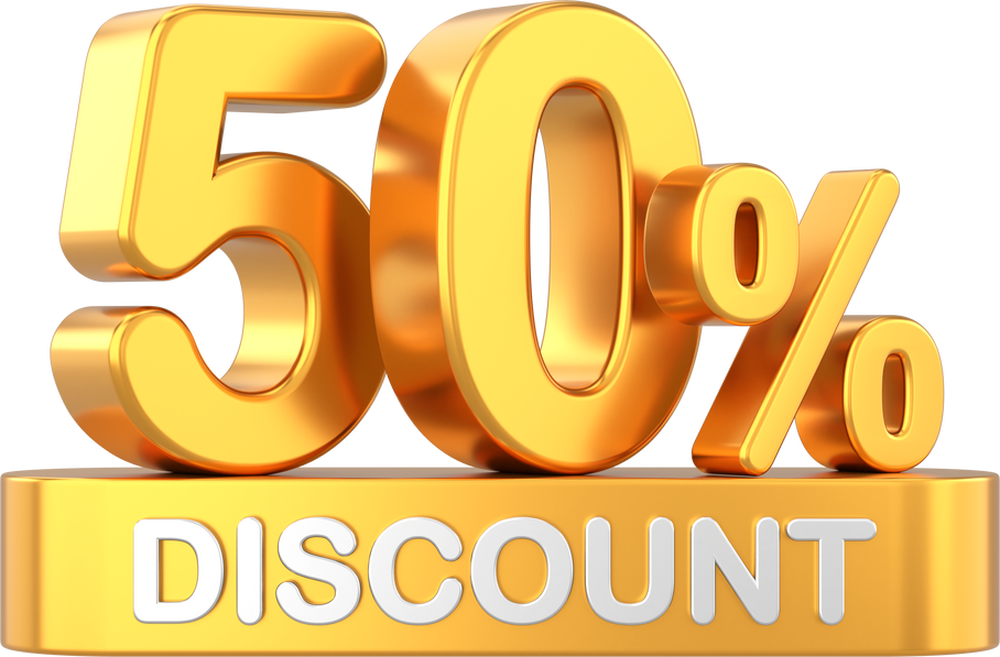 3D fifty percent discount. 50% discount. 50% sale.